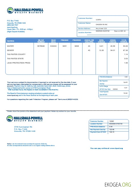 Modèle de facture de services publics américains Hallsdale Powell aux formats Word et PDF